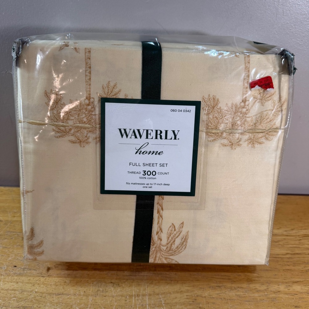 Waverly Home Full Sheet Set Tan Vtg 2006 Tropical Palm Tree 300TC 100% Cotton